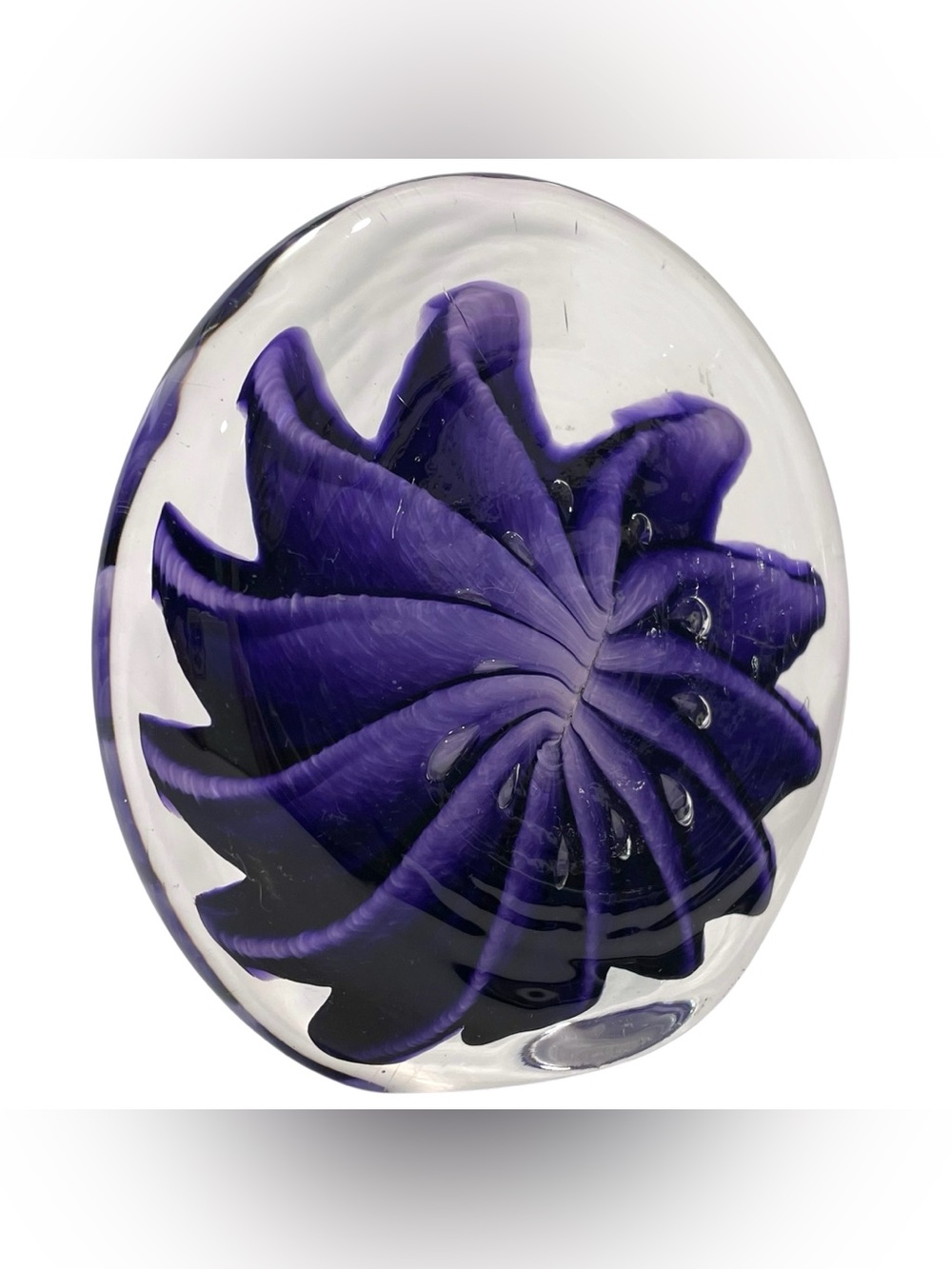 Vintage 1990s Kurt Walrath Signed Art Glass Paperweight Abstract Purple Flower